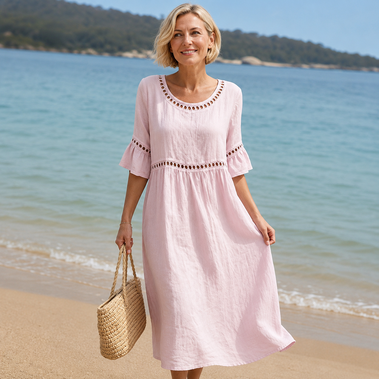 Virginia - Vestido midi de algodón y lino bordado