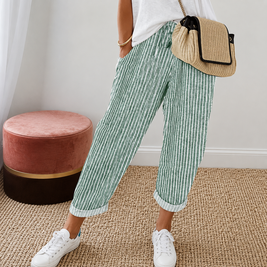 Susana- Pantalón de Rayas con Puño de Poliéster y Elastano