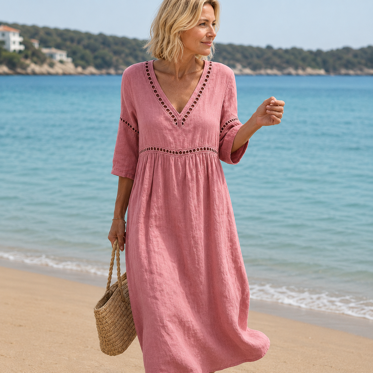 Noelia - Vestido midi de escote en V de poliéster