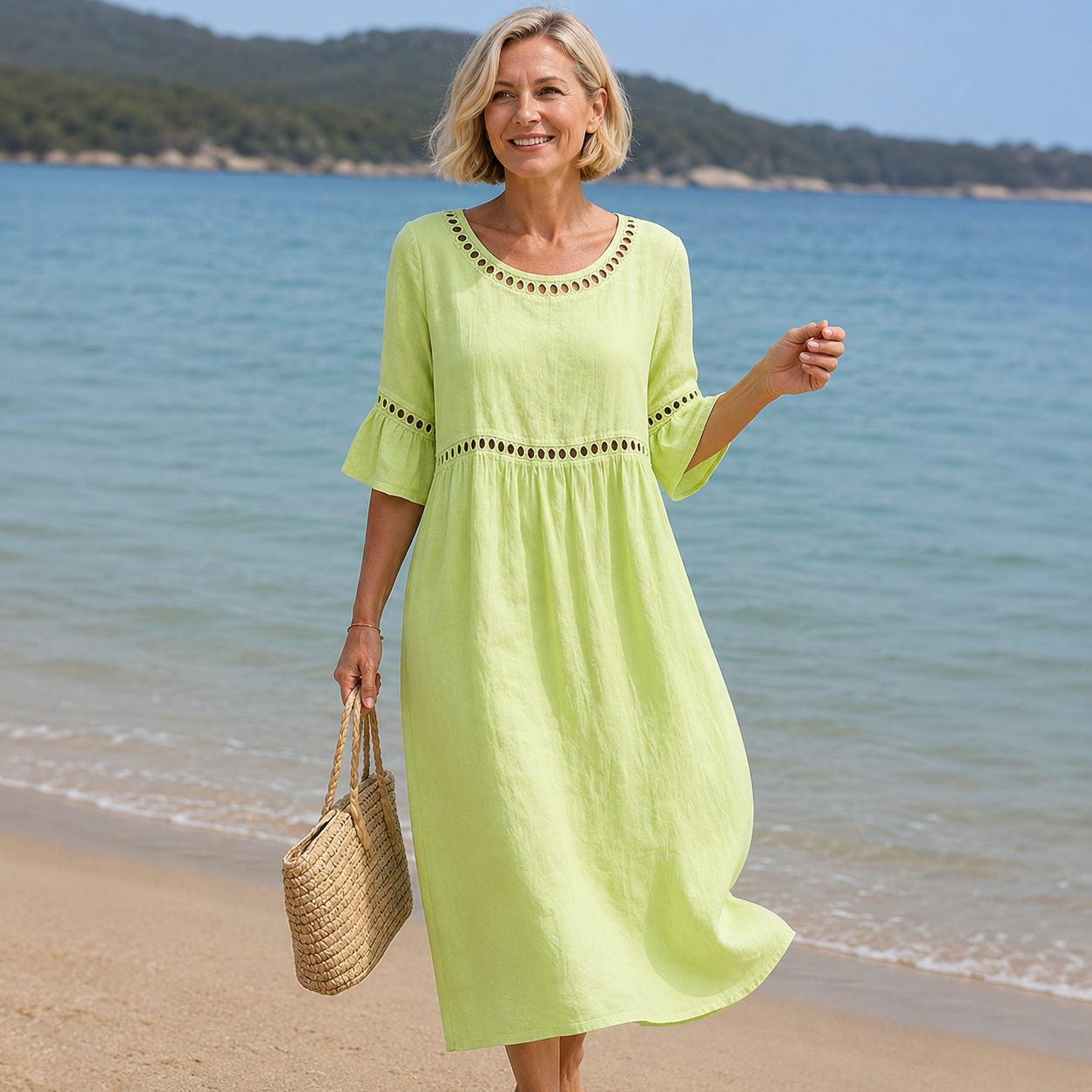 Virginia - Vestido midi de algodón y lino bordado