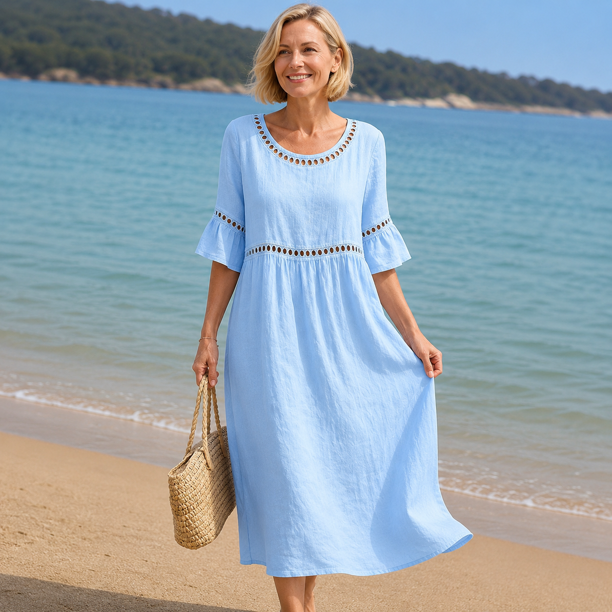 Virginia - Vestido midi de algodón y lino bordado