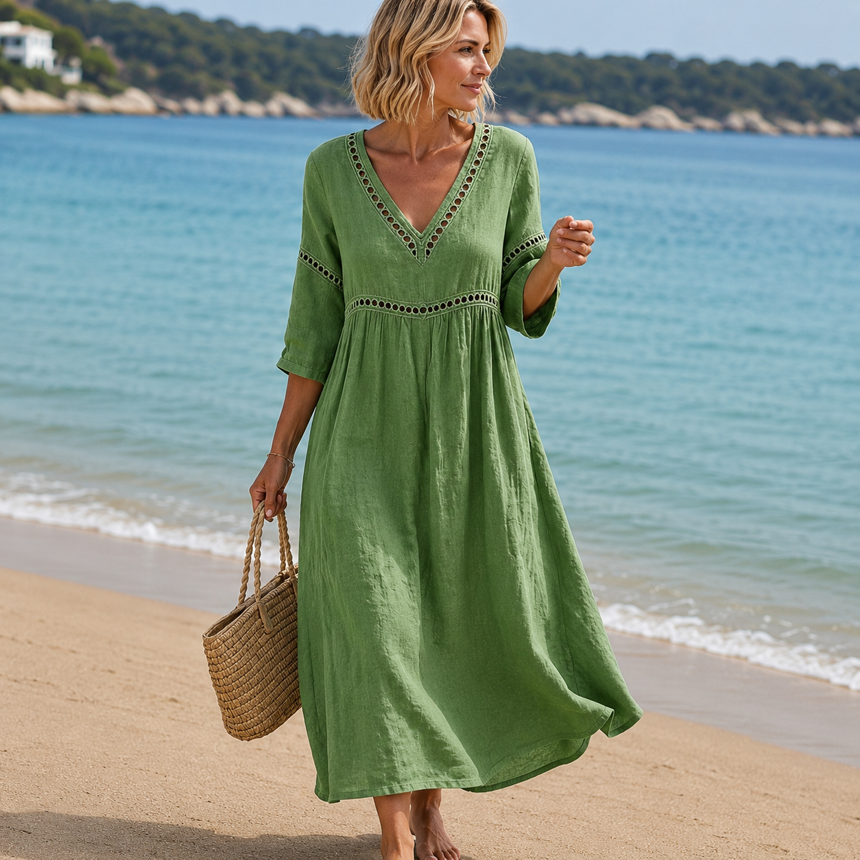Noelia - Vestido midi de escote en V de poliéster