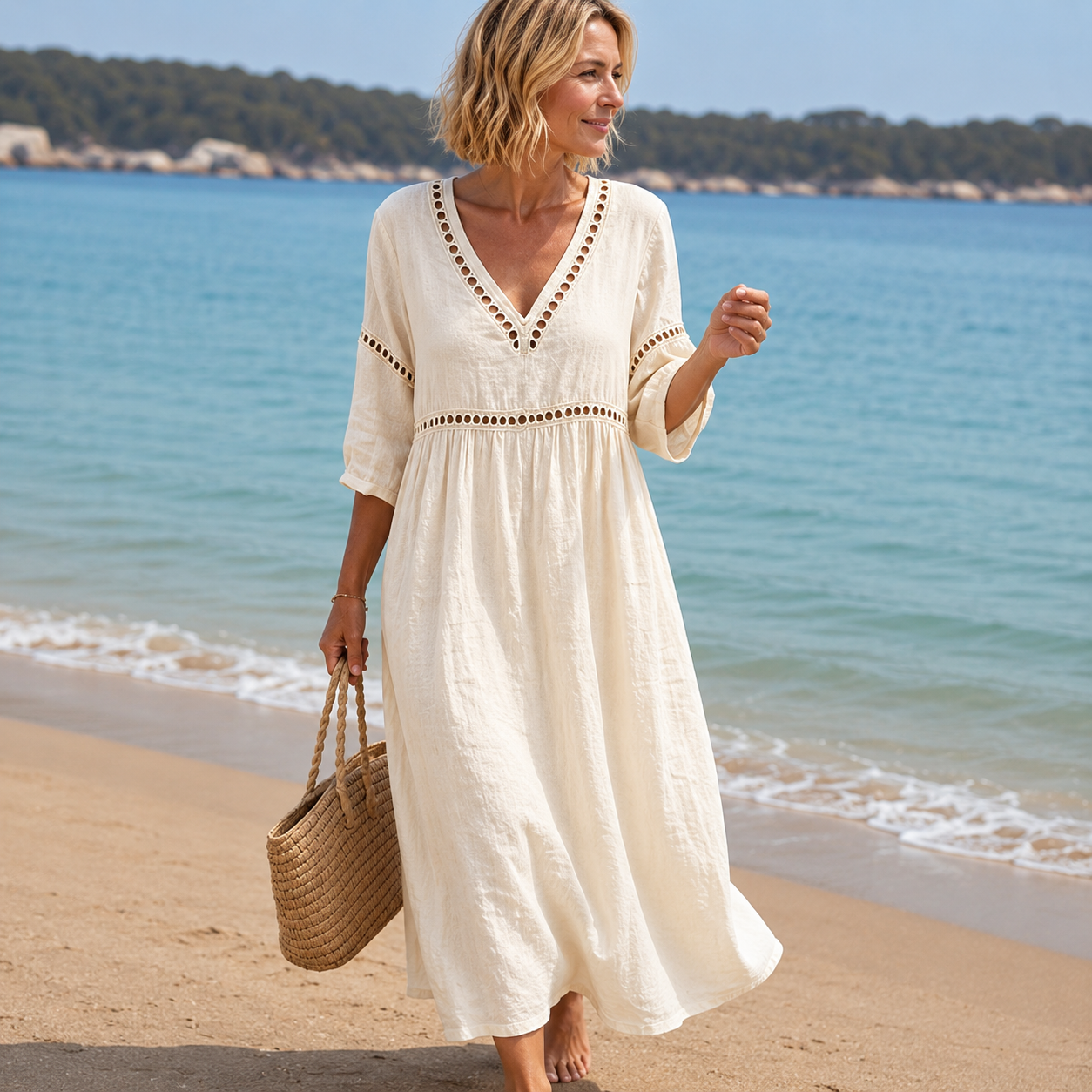 Noelia - Vestido midi de escote en V de poliéster