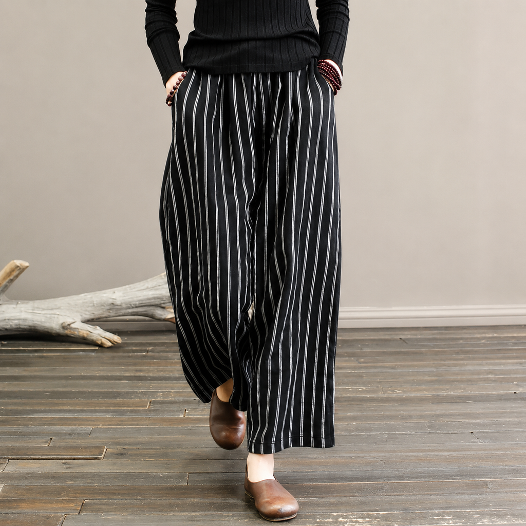 Nerea - Pantalón de Rayas de Lino y Algodón