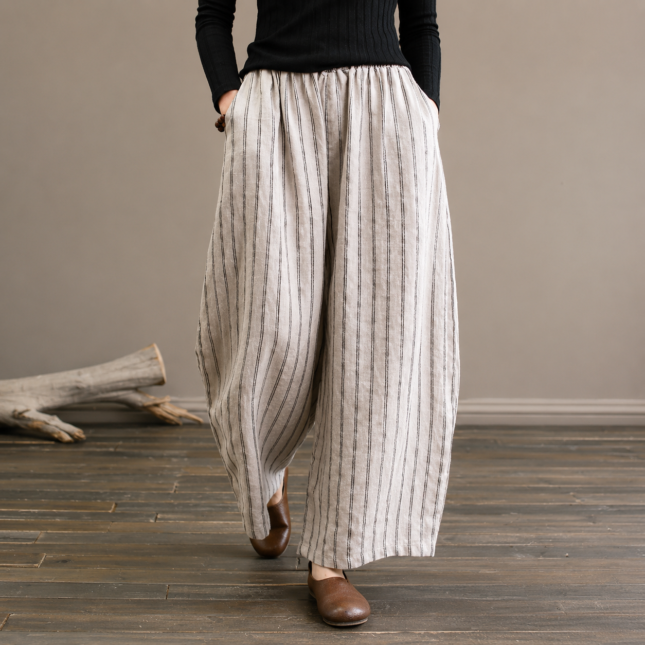 Nerea - Pantalón de Rayas de Lino y Algodón
