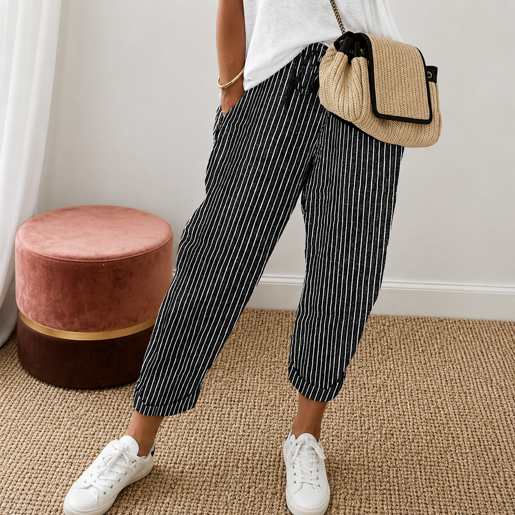Susana- Pantalón de Rayas con Puño de Poliéster y Elastano