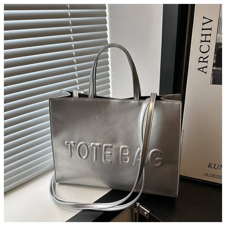 Embossed Letter Large Capacity Retro Shoulder Tote Bag