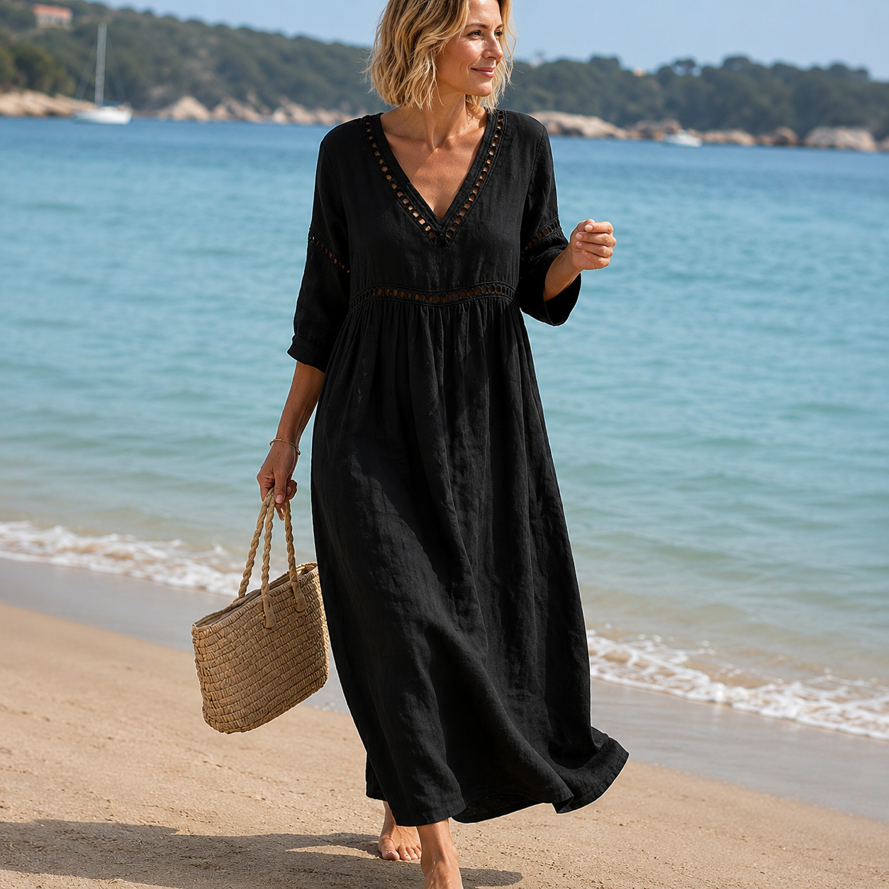 Noelia - Vestido midi de escote en V de poliéster