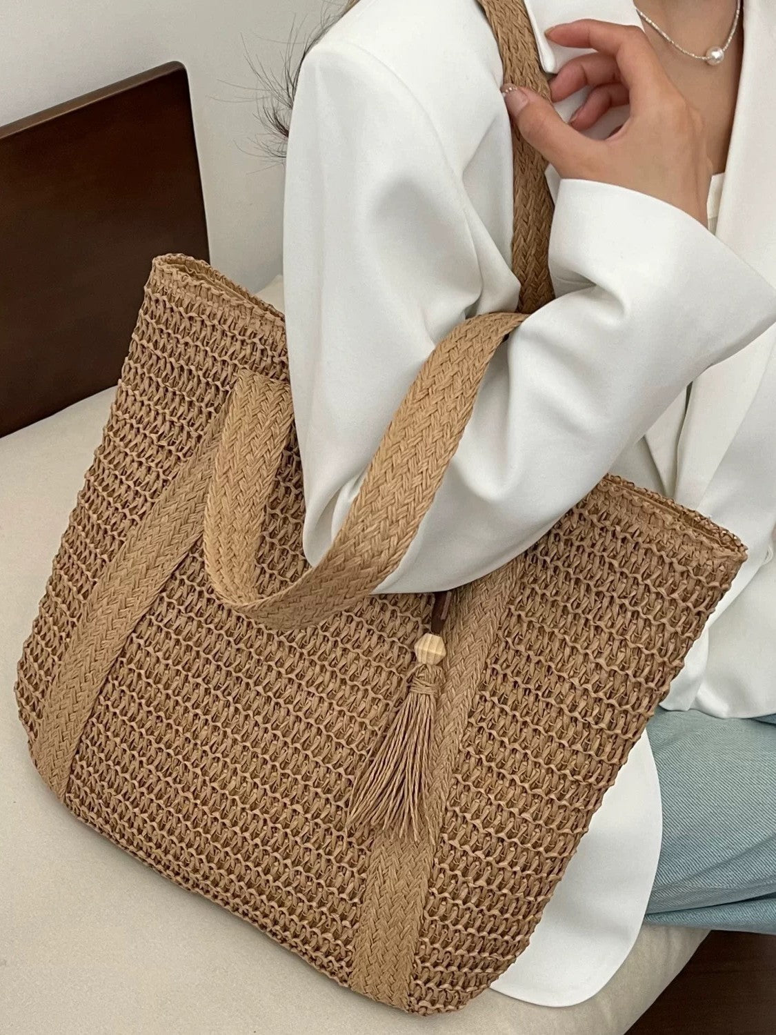 Hand-Woven Straw Tote Bag with Tassel