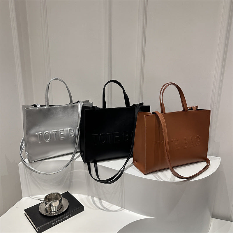 Embossed Letter Large Capacity Retro Shoulder Tote Bag