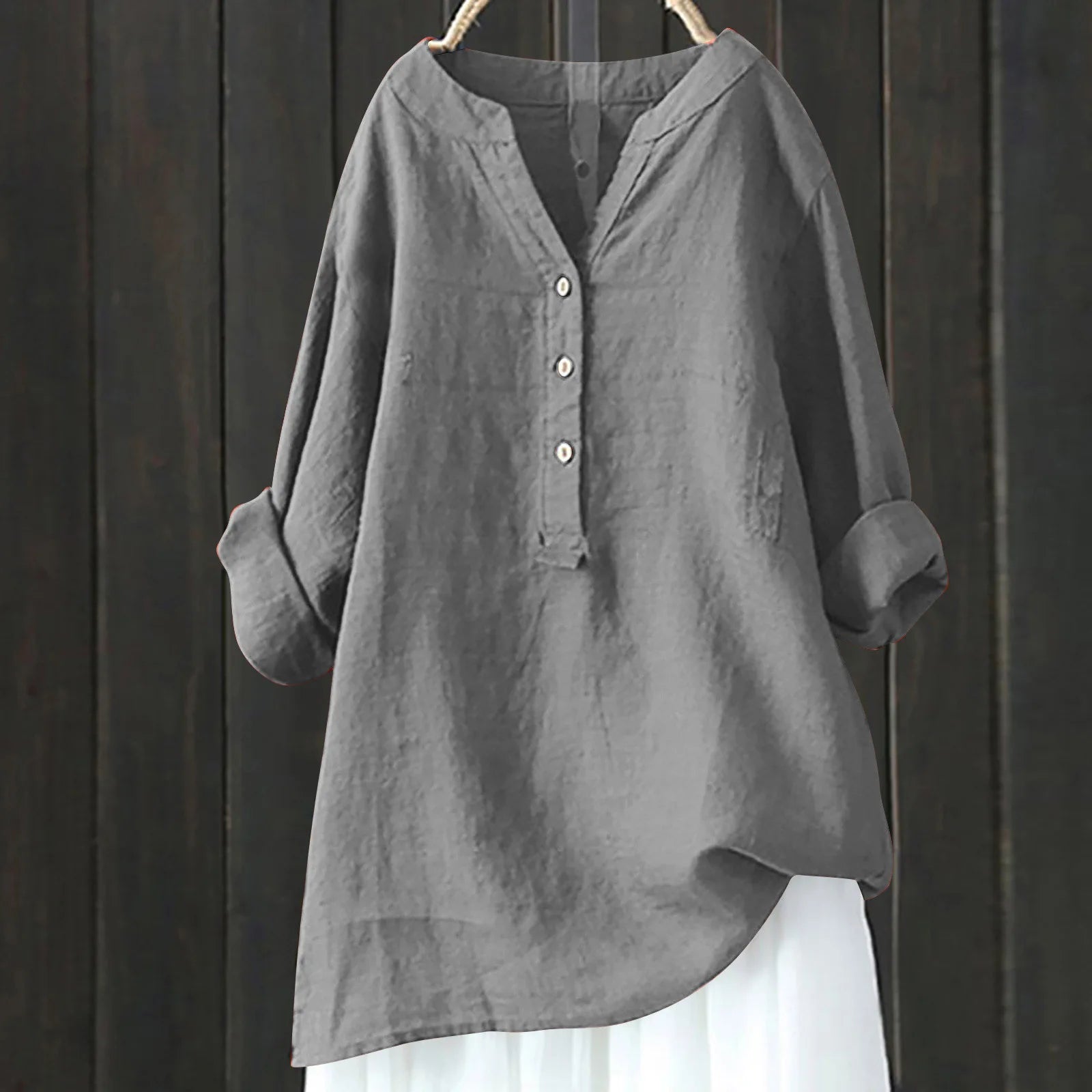 Rocío - Blusa Larga de Lino y Algodón con Escote en V