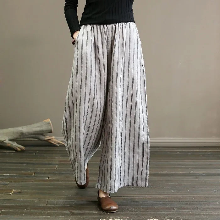 Nerea - Pantalón de Rayas de Lino y Algodón