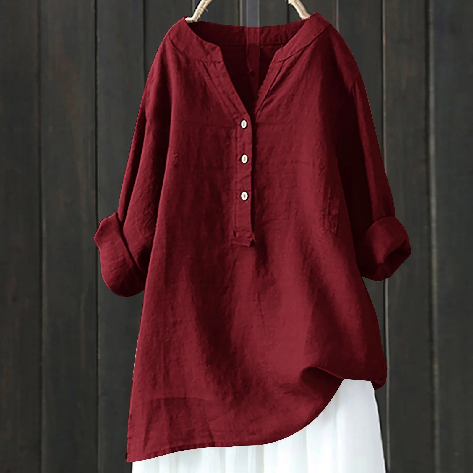 Rocío - Blusa Larga de Lino y Algodón con Escote en V