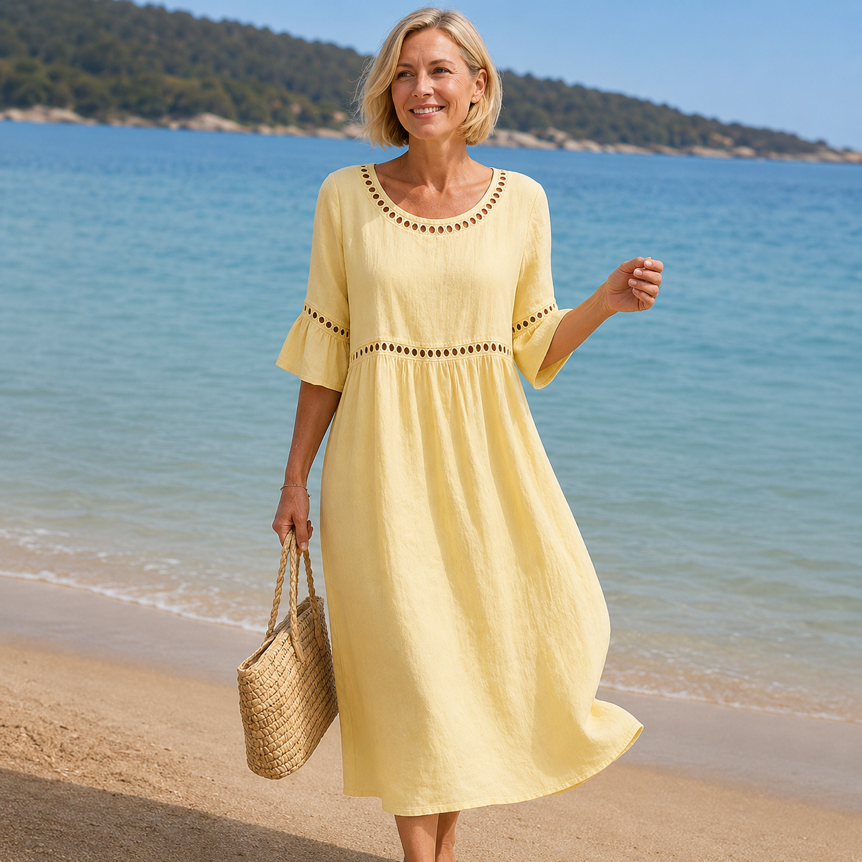 Virginia - Vestido midi de algodón y lino bordado