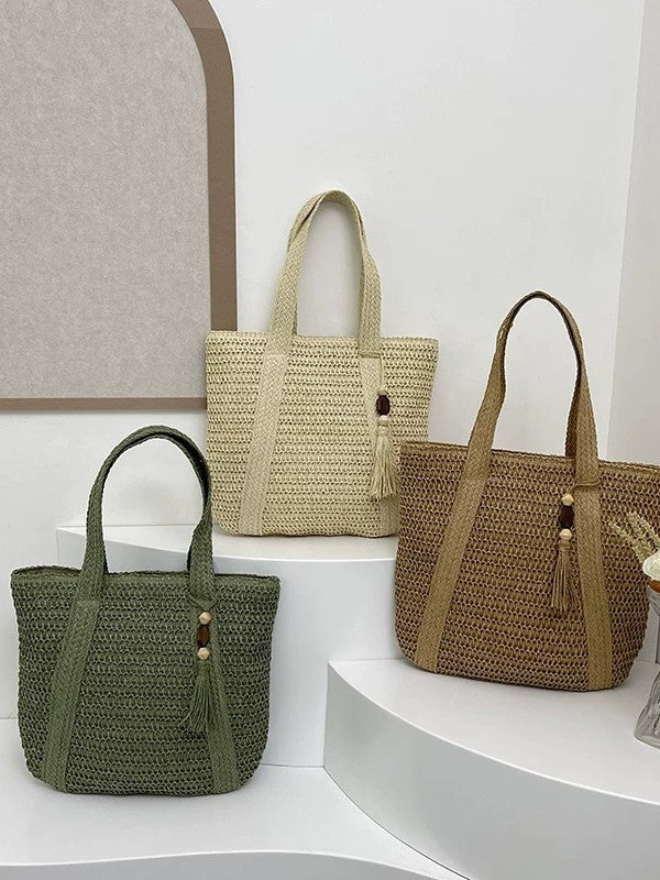 Hand-Woven Straw Tote Bag with Tassel