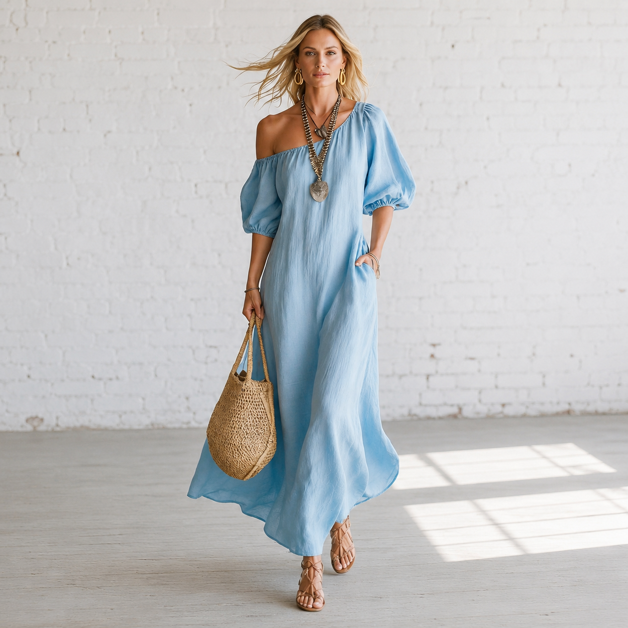 Tania - Vestido midi de poliéster con manga abullonada