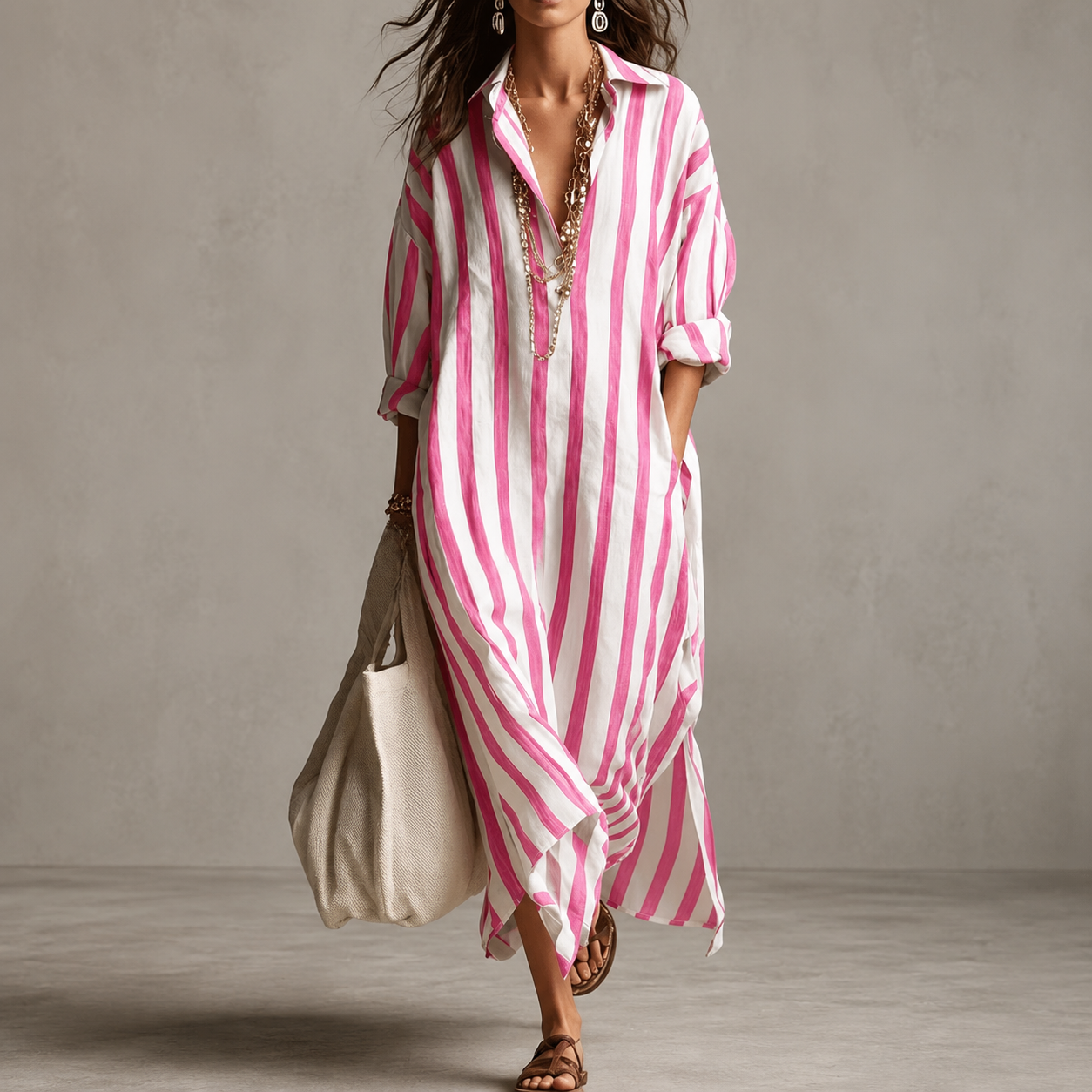 Lucia - Vestido camisero bohemio de algodón y poliéster