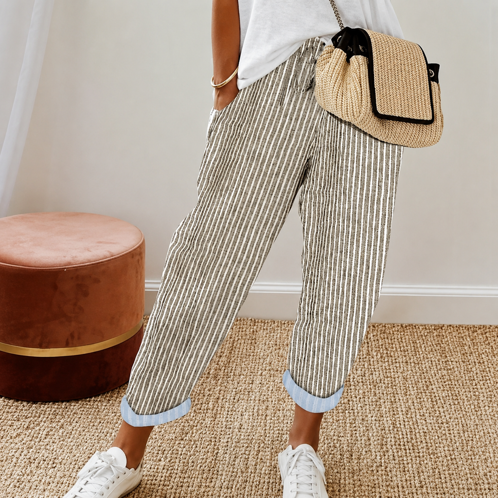 Susana- Pantalón de Rayas con Puño de Poliéster y Elastano