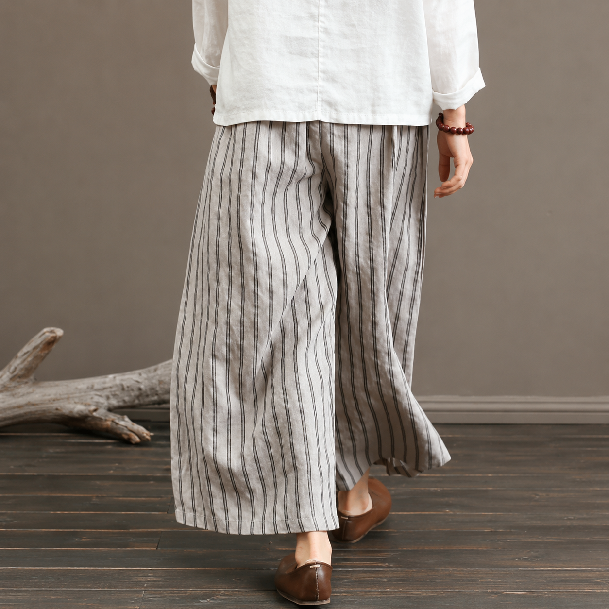 Nerea - Pantalón de Rayas de Lino y Algodón