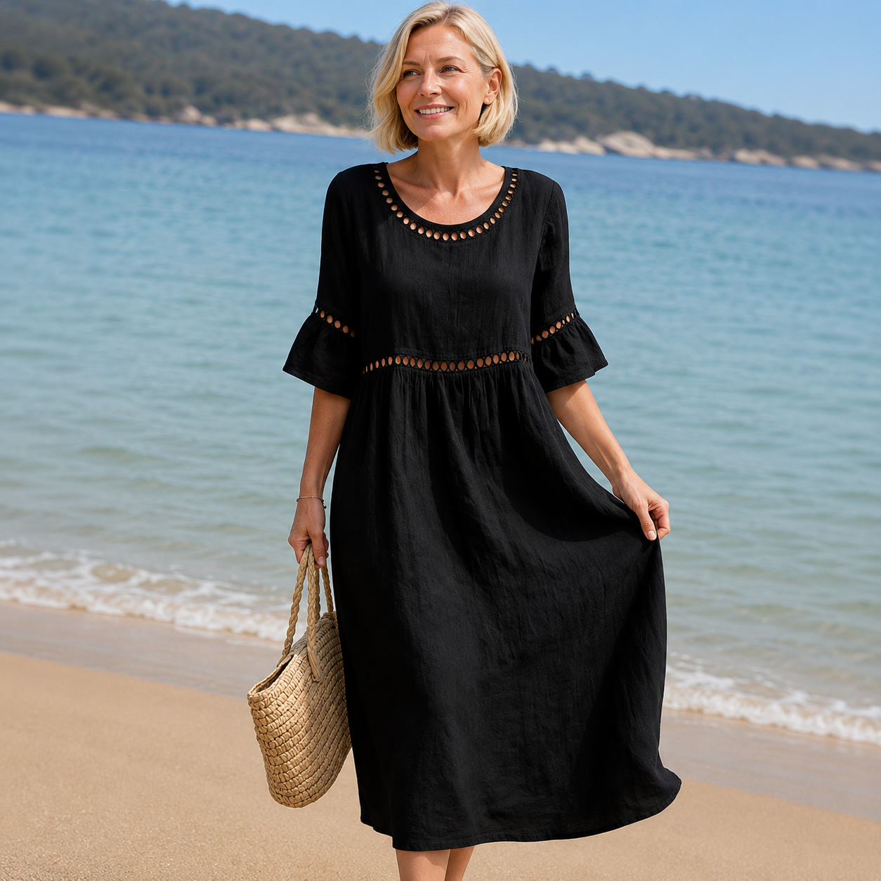 Virginia - Vestido midi de algodón y lino bordado